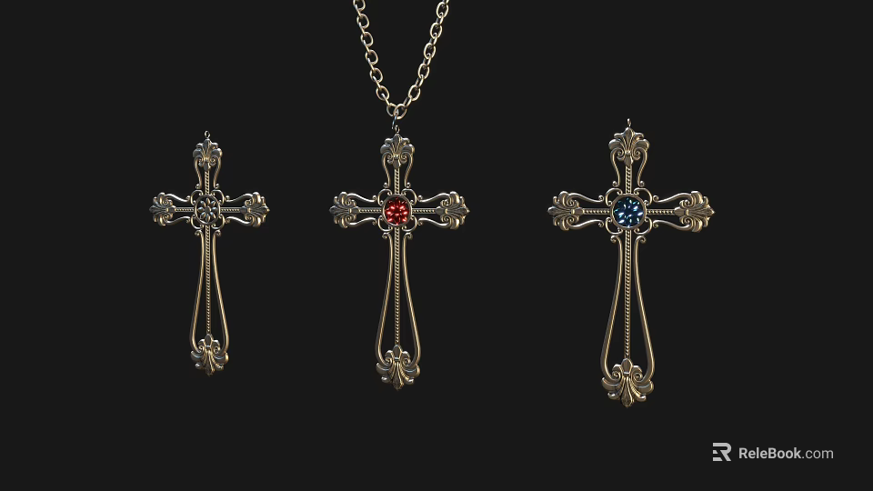 Vintage Cross Pendant Necklaces With Red And Blue Gemstones And Ornate Metal Designs 3d model 
