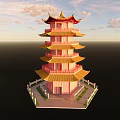 Five Story Traditional Chinese Pagoda Pink And Yellow With White Fence And Blue Sky Background