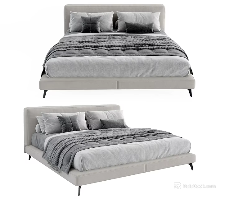 Modern Double Bed With Light Frame Gray Pillows And Striped Bedding 3d model
