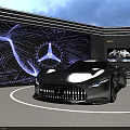 Silver Mercedes Concept Sports Car In Modern Exhibition Hall With Large Screen Logo