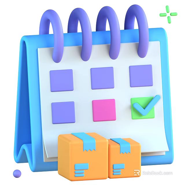 Decorative Ornament Set With Purple Spiral Bound Calendar Colorful Squares Green Checkmark And Orange Boxes 3d model 
