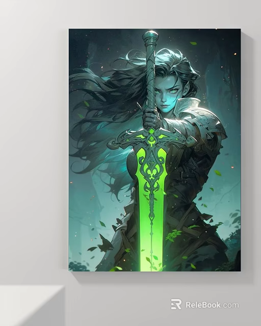 Fantasy Character Painting of Female Warrior with Long Hair Green Glowing Sword and Natural Leaves 3d model 