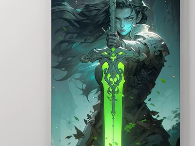 Fantasy Character Painting of Female Warrior with Long Hair Green Glowing Sword and Natural Leaves 3d model