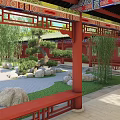 Traditional Ancient Chinese Architecture With Red Buildings Green Roofs And Ornate Gate