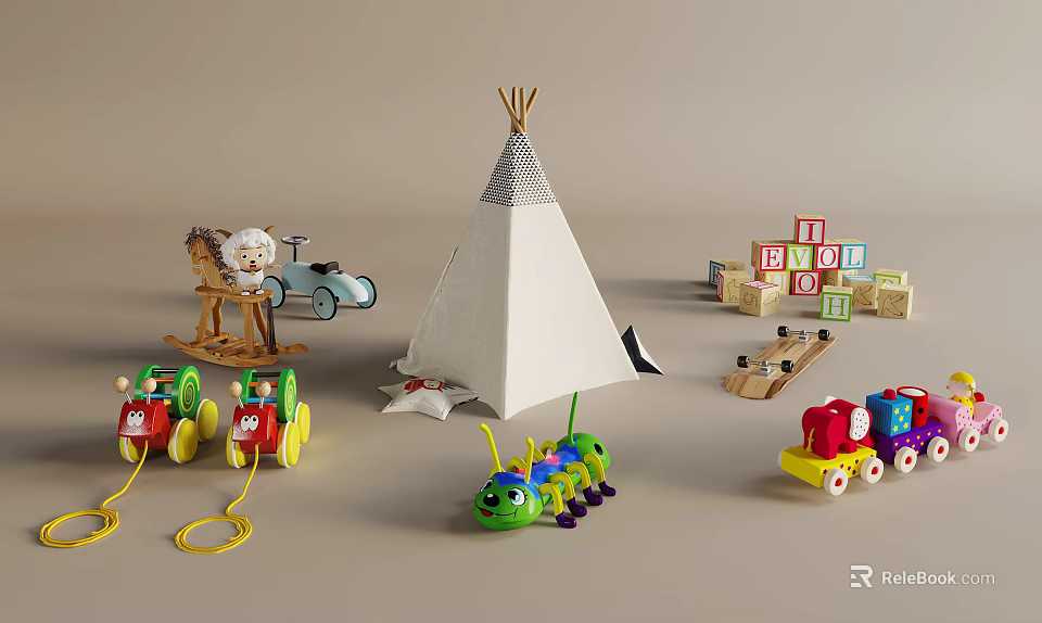 Colorful Kids Play Toys with White Teepee Rocking Horse Green Caterpillar and Building Blocks 3d model 