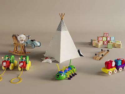 Colorful Kids Play Toys with White Teepee Rocking Horse Green Caterpillar and Building Blocks 3d model