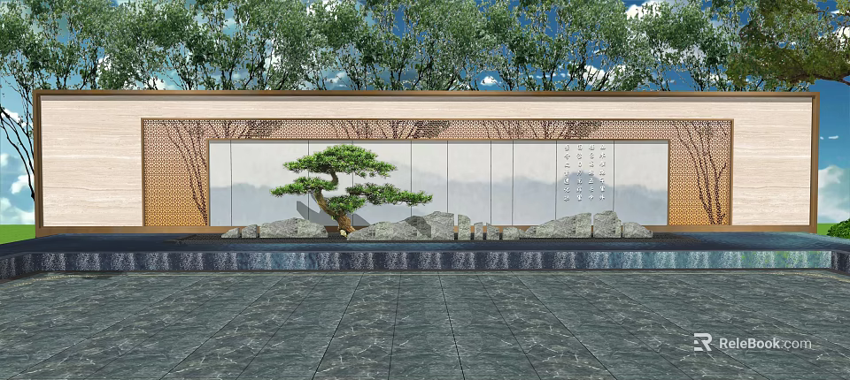 Serene Landscape Feature Wall With Bonsai Pine Tree Stones Water Feature And Greenery 3d model 