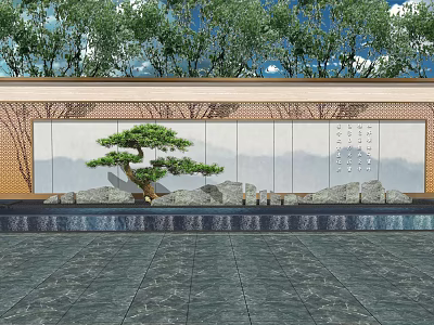 Serene Landscape Feature Wall With Bonsai Pine Tree Stones Water Feature And Greenery 3d model