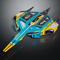 Blue And Yellow Streamlined Spacecraft Model With Wings For Space Exploration On Black Background 3d model