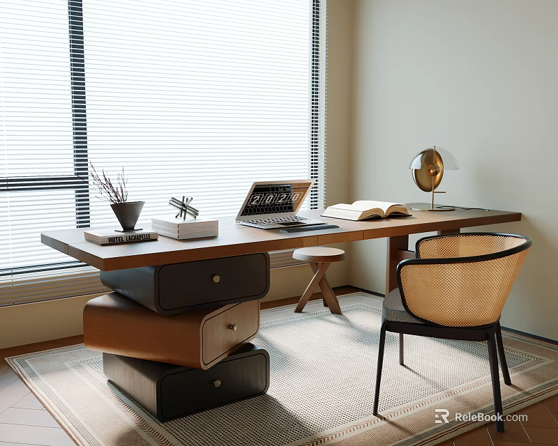 Modern Desk By Window With Laptop Open Book Globe And Wicker Chair 3d model 