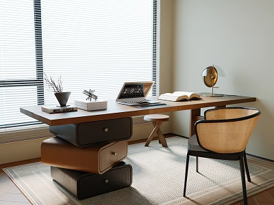 Modern Desk By Window With Laptop Open Book Globe And Wicker Chair 3d model