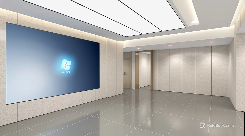 Modern Store Front Desk with Large Screen Displaying Windows Logo Light Walls White Strip Lights 3d model 