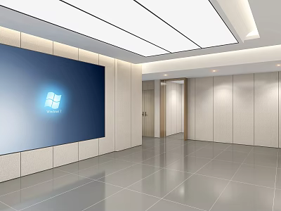 Modern Store Front Desk with Large Screen Displaying Windows Logo Light Walls White Strip Lights 3d model