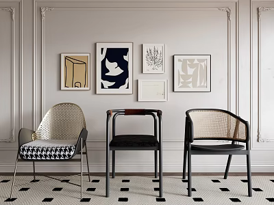 Elegant Accent Chair Design with Woven Details in Modern Interior Featuring Artworks and Checkered Floor 3d model