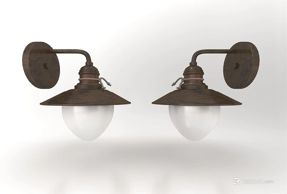 Pair of Vintage Bronze Wall Lamps with Metal Base and White Globe Shades 3d model 