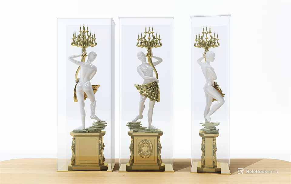 Floor Lamps With White Human Sculpture Golden Accents Carved Base Transparent Cover On Wooden Tabletop 3d model 