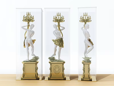 Floor Lamps With White Human Sculpture Golden Accents Carved Base Transparent Cover On Wooden Tabletop 3d model