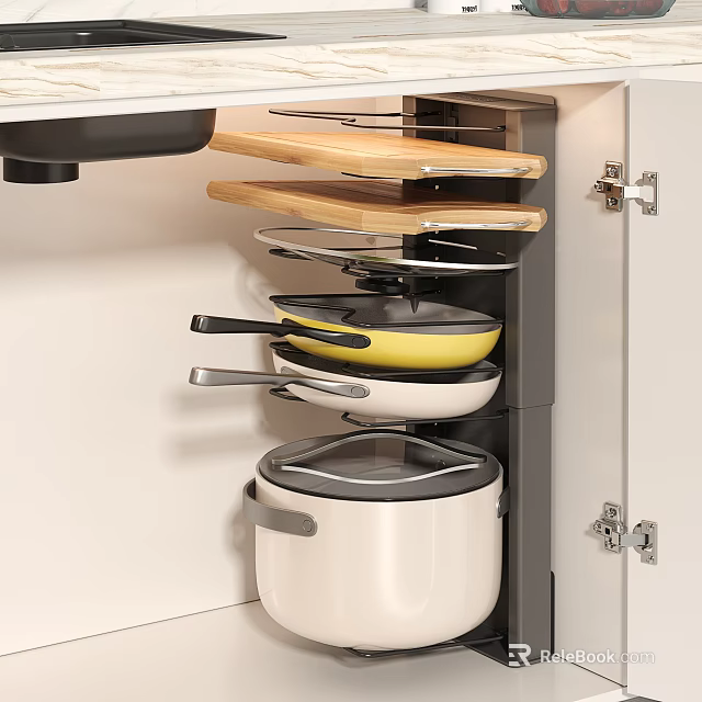 Kitchen Utensils Set Storage In Cabinet With Pots Pans Boards 3d model 
