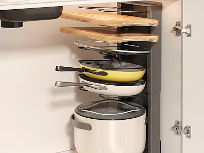 Kitchen Utensils Set Storage In Cabinet With Pots Pans Boards 3d model