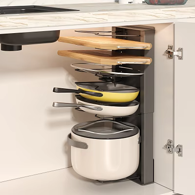 Kitchen Utensils Set Storage In Cabinet With Pots Pans Boards 3d model