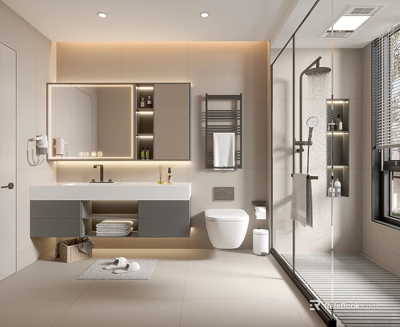 Modern Bathroom Interior Design With Mirror Cabinet Vanity Toilet And Glass Shower Area 3d model 