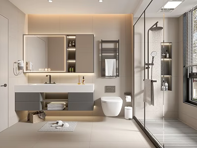 Modern Bathroom Interior Design With Mirror Cabinet Vanity Toilet And Glass Shower Area 3d model