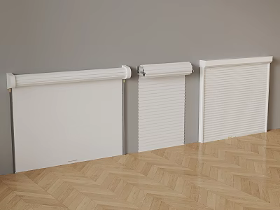 Three White Roller Blinds Mounted On Gray Wall With Herringbone Wooden Floor 3d model