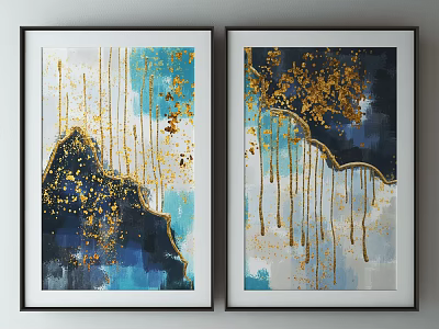 Two Framed Abstract Paintings With Blue Gold Dripping Accents Modern Wall Art 3d model