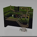 Underground Pipe And Staircase Structure With Brick Wall Green Surface And Metal Platform 3d model