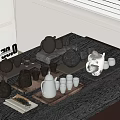 Ceramic Tea Sets With Teapots Cups And Trays On Wooden Table 3d model