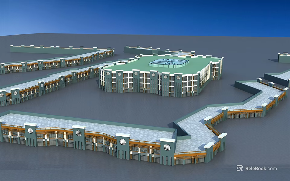 Modern Multi Story Interconnected Building Complex With Green Roof And Walkways 3d model 