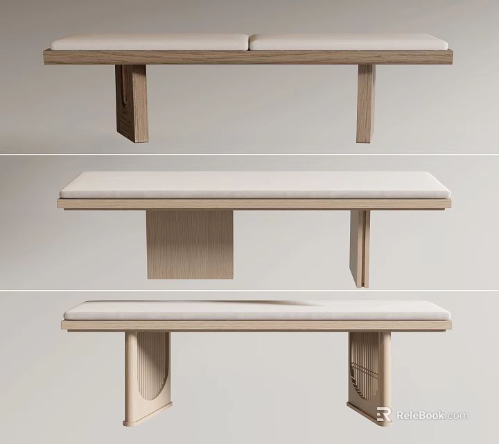 Modern Upholstered Bench With Light Seat And Wooden Leg Designs 3d model 