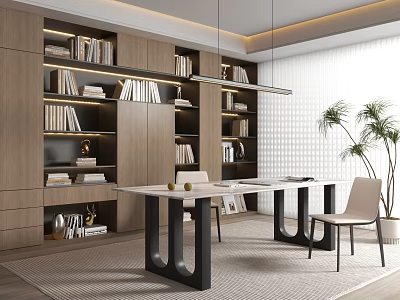 Modern Study Room with Wooden Bookshelves White Desk Black Legs Beige Chairs and Potted Plant 3d model