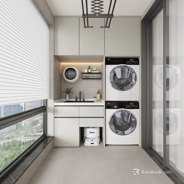 Home Balcony with Stacked Washer Dryer Storage Cabinets Sink Counter and Potted Plant 3d model 