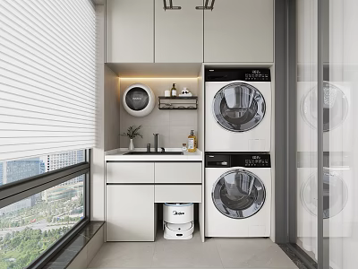 Home Balcony with Stacked Washer Dryer Storage Cabinets Sink Counter and Potted Plant 3d model