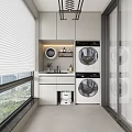 Home Balcony with Stacked Washer Dryer Storage Cabinets Sink Counter and Potted Plant