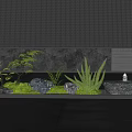 Modern Indoor Landscape With Green Plants Rocks Water Feature And White Sculpture