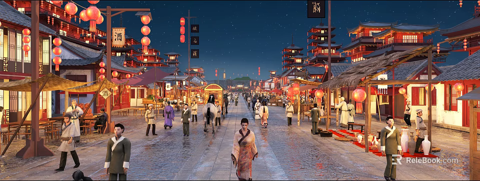 Ancient Architecture Street Under Starry Sky With Lit Lanterns And People In Traditional Clothing 3d model 