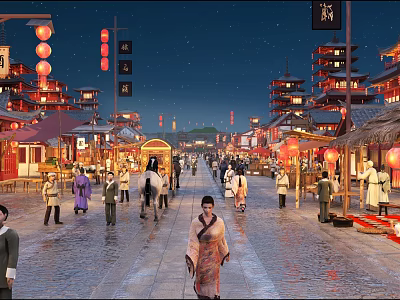 Ancient Architecture Street Under Starry Sky With Lit Lanterns And People In Traditional Clothing 3d model