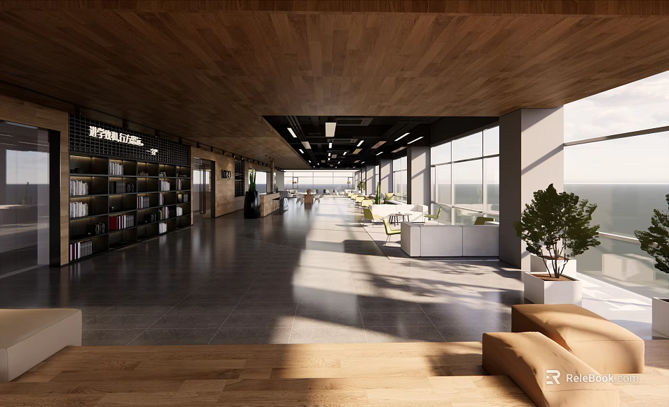 Modern Public Interior With Wooden Ceiling Large Windows Bookshelves And Seating Areas 3d model 