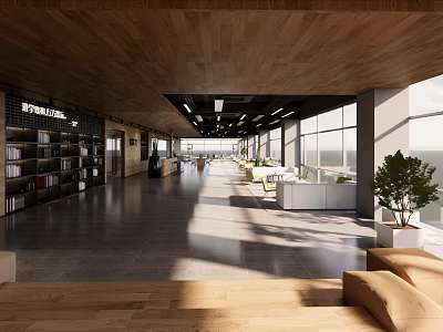 Modern Public Interior With Wooden Ceiling Large Windows Bookshelves And Seating Areas 3d model