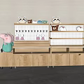 Wooden Display Shelf with Drawers Wheels and Toys Including Peppa Pig Panda Dolls Colorful Balls