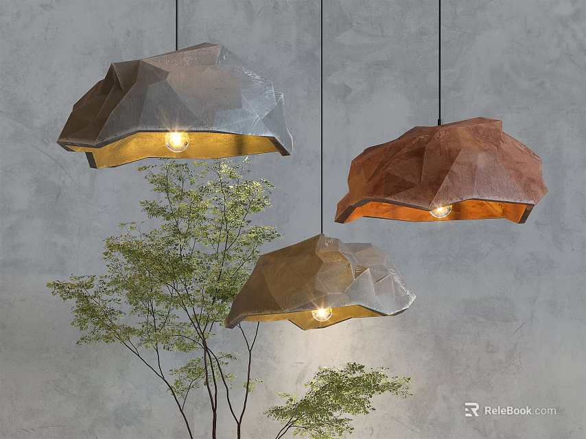 Natural Style Stone Shaped Pendant Lights With Small Tree Decoration And Grey Wall Background 3d model 