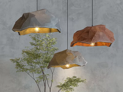 Natural Style Stone Shaped Pendant Lights With Small Tree Decoration And Grey Wall Background 3d model