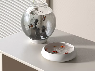 Spherical Fish Tank With Decorations And White Bowl With Goldfish On Table 3d model