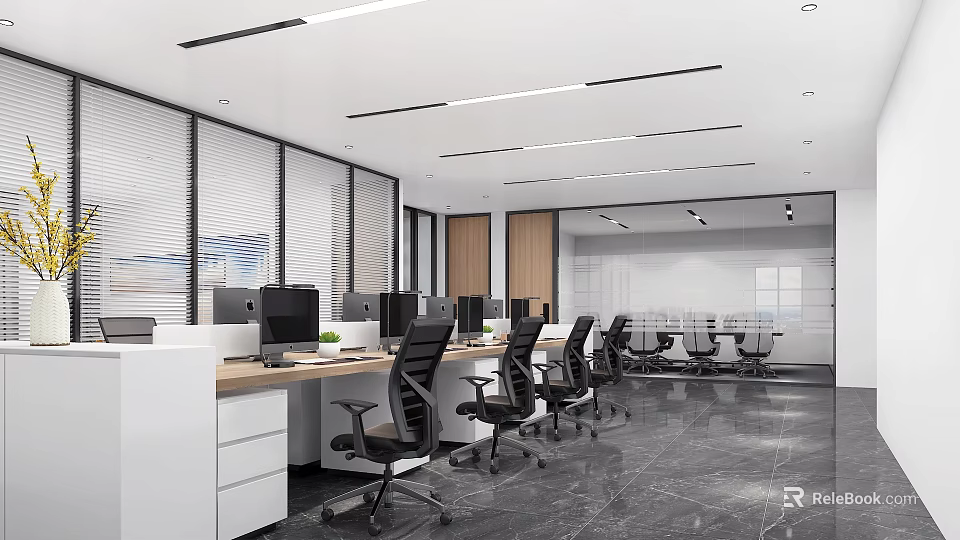 Modern Public Office Space Interior With Workstations Computers Ergonomic Chairs And Large Windows 3d model