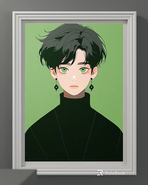 Anime Style Portrait With Black Curly Hair Green Eyes Black Earrings Black Turtleneck Green Background 3d model 
