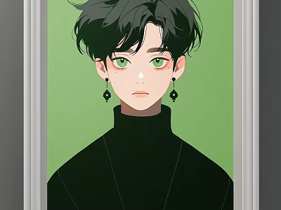 Anime Style Portrait With Black Curly Hair Green Eyes Black Earrings Black Turtleneck Green Background 3d model