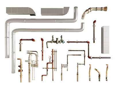 Assorted Plumbing Pipes And Metal Fittings With Elbows Tees Valves And Supports 3d model