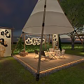 Scenic Outdoor Photo Check In Spot With Canvas Tent Wooden Deck Seating And Green Grass